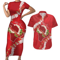 Hawaii Island Flowers Lei Couples Matching Short Sleeve Bodycon Dress and Hawaiian Shirt Ohia Lehua Scarlet Red