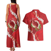 Hawaii Island Flowers Lei Couples Matching Tank Maxi Dress and Hawaiian Shirt Ohia Lehua Scarlet Red
