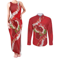 Hawaii Island Flowers Lei Couples Matching Tank Maxi Dress and Long Sleeve Button Shirt Ohia Lehua Scarlet Red