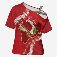 Hawaii Island Flowers Lei Cross Shoulder Shirt Ohia Lehua Scarlet Red LT7 Female Red - Polynesian Pride