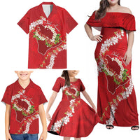 Hawaii Island Flowers Lei Family Matching Off Shoulder Maxi Dress and Hawaiian Shirt Ohia Lehua Scarlet Red LT7 - Polynesian Pride