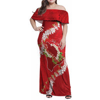 Hawaii Island Flowers Lei Family Matching Off Shoulder Maxi Dress and Hawaiian Shirt Ohia Lehua Scarlet Red LT7 Mom's Dress Red - Polynesian Pride