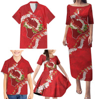 Hawaii Island Flowers Lei Family Matching Puletasi and Hawaiian Shirt Ohia Lehua Scarlet Red