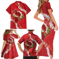 Hawaii Island Flowers Lei Family Matching Short Sleeve Bodycon Dress and Hawaiian Shirt Ohia Lehua Scarlet Red LT7 - Polynesian Pride