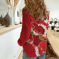Hawaii Island Flowers Lei Women Casual Shirt Ohia Lehua Scarlet Red