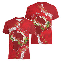 Hawaii Island Flowers Lei Women V-Neck T-Shirt Ohia Lehua Scarlet Red