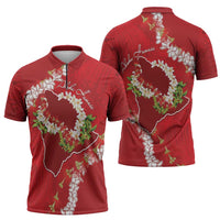 Hawaii Island Flowers Lei Zipper Polo Shirt Ohia Lehua Scarlet Red