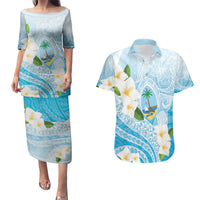 Guam Chamorro Guasali Flowers Couples Matching Puletasi and Hawaiian Shirt Aqua Gradient LT7 Aquamarine - Polynesian Pride