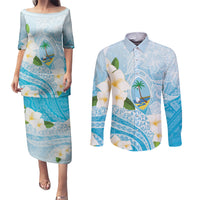 Guam Chamorro Guasali Flowers Couples Matching Puletasi and Long Sleeve Button Shirt Aqua Gradient LT7 Aquamarine - Polynesian Pride