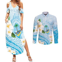 Guam Chamorro Guasali Flowers Couples Matching Summer Maxi Dress and Long Sleeve Button Shirt Aqua Gradient LT7 Aquamarine - Polynesian Pride