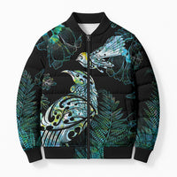 Aotearoa Maori Mahuru Bomber Puffer Jacket Spring Time - Paua Shell Green LT7 Unisex Black - Polynesian Pride