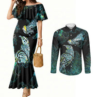 Aotearoa Maori Mahuru Couples Matching Mermaid Dress and Long Sleeve Button Shirt Spring Time - Paua Shell Green LT7 Black - Polynesian Pride