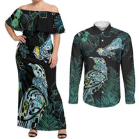Aotearoa Maori Mahuru Couples Matching Off Shoulder Maxi Dress and Long Sleeve Button Shirt Spring Time - Paua Shell Green LT7 Black - Polynesian Pride