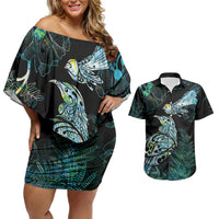 Aotearoa Maori Mahuru Couples Matching Off Shoulder Short Dress and Hawaiian Shirt Spring Time - Paua Shell Green LT7 Black - Polynesian Pride