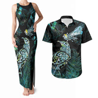 Aotearoa Maori Mahuru Couples Matching Tank Maxi Dress and Hawaiian Shirt Spring Time - Paua Shell Green LT7 Black - Polynesian Pride