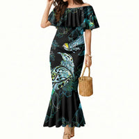 Aotearoa Maori Mahuru Mermaid Dress Spring Time - Paua Shell Green LT7 Women Black - Polynesian Pride