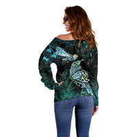 Aotearoa Maori Mahuru Off Shoulder Sweater Spring Time - Paua Shell Green LT7 - Polynesian Pride