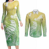 Aotearoa Maori Mahuru Tui With Pikawakawa Couples Matching Long Sleeve Bodycon Dress and Long Sleeve Button Shirt Spring Time LT7 Green - Polynesian Pride