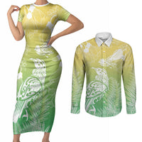 Aotearoa Maori Mahuru Tui With Pikawakawa Couples Matching Short Sleeve Bodycon Dress and Long Sleeve Button Shirt Spring Time LT7 Green - Polynesian Pride