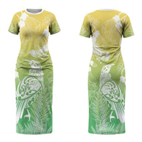 Aotearoa Maori Mahuru Tui With Pikawakawa Family Matching Short Sleeve Bodycon Dress and Hawaiian Shirt Spring Time LT7 Mom's Dress Green - Polynesian Pride