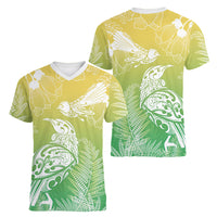Aotearoa Maori Mahuru Tui With Pikawakawa Women V-Neck T-Shirt Spring Time LT7 - Polynesian Pride