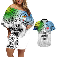 Personalised Malampa Fiji Day Couples Matching Off Shoulder Short Dress and Hawaiian Shirt Gradient Style LT7 White - Polynesian Pride