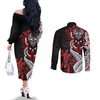 Aotearoa Toitu Te Tiriti Couples Matching Off The Shoulder Long Sleeve Dress and Long Sleeve Button Shirt Whakairo Wheku