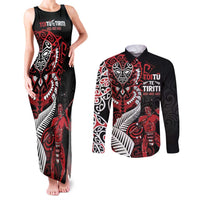 Aotearoa Toitu Te Tiriti Couples Matching Tank Maxi Dress and Long Sleeve Button Shirt Whakairo Wheku LT7 Black - Polynesian Pride