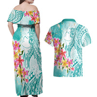 Polynesian Women's Day Wahine Couples Matching Off Shoulder Maxi Dress and Hawaiian Shirt Plumeria Marble Glaze - Teal LT7 - Polynesian Pride