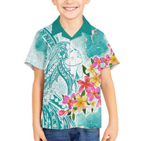 Polynesian Women's Day Wahine Family Matching Long Sleeve Bodycon Dress and Hawaiian Shirt Plumeria Marble Glaze - Teal LT7 Son's Shirt Teal - Polynesian Pride