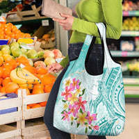Polynesian Women's Day Wahine Grocery Bag Plumeria Marble Glaze - Teal