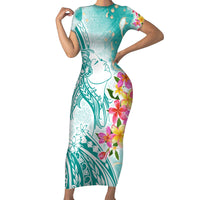 Polynesian Women's Day Wahine Short Sleeve Bodycon Dress Plumeria Marble Glaze - Teal LT7 Long Dress Teal - Polynesian Pride