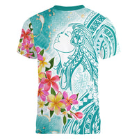 Polynesian Women's Day Wahine Women V Neck T Shirt Plumeria Marble Glaze - Teal LT7 - Polynesian Pride