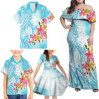 Polynesian Women's Day Wahine Family Matching Off Shoulder Maxi Dress and Hawaiian Shirt Plumeria Marble Glaze - Turquoise LT7 - Polynesian Pride