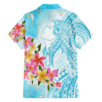 Polynesian Women's Day Wahine Family Matching Off Shoulder Short Dress and Hawaiian Shirt Plumeria Marble Glaze - Turquoise LT7 - Polynesian Pride