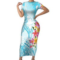 Polynesian Women's Day Wahine Family Matching Short Sleeve Bodycon Dress and Hawaiian Shirt Plumeria Marble Glaze - Turquoise LT7 Mom's Dress Turquoise - Polynesian Pride