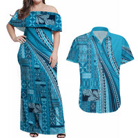 Pasifika Women's Day - Samoa Siapo Malu Tattoo Inspired Couples Matching Off Shoulder Maxi Dress and Hawaiian Shirt Turquoise LT7 Turquoise - Polynesian Pride