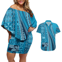 Pasifika Women's Day - Samoa Siapo Malu Tattoo Inspired Couples Matching Off Shoulder Short Dress and Hawaiian Shirt Turquoise LT7 Turquoise - Polynesian Pride