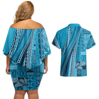 Pasifika Women's Day - Samoa Siapo Malu Tattoo Inspired Couples Matching Off Shoulder Short Dress and Hawaiian Shirt Turquoise LT7 - Polynesian Pride