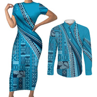 Pasifika Women's Day - Samoa Siapo Malu Tattoo Inspired Couples Matching Short Sleeve Bodycon Dress and Long Sleeve Button Shirt Turquoise LT7 Turquoise - Polynesian Pride