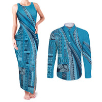 Pasifika Women's Day - Samoa Siapo Malu Tattoo Inspired Couples Matching Tank Maxi Dress and Long Sleeve Button Shirt Turquoise LT7 Turquoise - Polynesian Pride