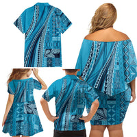Pasifika Women's Day - Samoa Siapo Malu Tattoo Inspired Family Matching Off Shoulder Short Dress and Hawaiian Shirt Turquoise