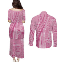 Pasifika Women's Day - Samoa Siapo Malu Tattoo Inspired Couples Matching Puletasi and Long Sleeve Button Shirt Pink