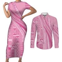 Pasifika Women's Day - Samoa Siapo Malu Tattoo Inspired Couples Matching Short Sleeve Bodycon Dress and Long Sleeve Button Shirt Pink LT7 Pink - Polynesian Pride