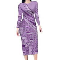 Pasifika Women's Day - Samoa Siapo Malu Tattoo Inspired Family Matching Long Sleeve Bodycon Dress and Hawaiian Shirt Lavender