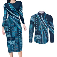 Pasifika Women's Day - Samoa Siapo Malu Tattoo Inspired Couples Matching Long Sleeve Bodycon Dress and Long Sleeve Button Shirt Navy Blue LT7 Navy Blue - Polynesian Pride