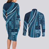 Pasifika Women's Day - Samoa Siapo Malu Tattoo Inspired Couples Matching Long Sleeve Bodycon Dress and Long Sleeve Button Shirt Navy Blue LT7 - Polynesian Pride