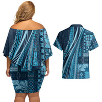 Pasifika Women's Day - Samoa Siapo Malu Tattoo Inspired Couples Matching Off Shoulder Short Dress and Hawaiian Shirt Navy Blue LT7 - Polynesian Pride