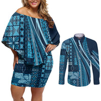 Pasifika Women's Day - Samoa Siapo Malu Tattoo Inspired Couples Matching Off Shoulder Short Dress and Long Sleeve Button Shirt Navy Blue