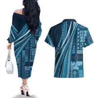 Pasifika Women's Day - Samoa Siapo Malu Tattoo Inspired Couples Matching Off The Shoulder Long Sleeve Dress and Hawaiian Shirt Navy Blue LT7 - Polynesian Pride